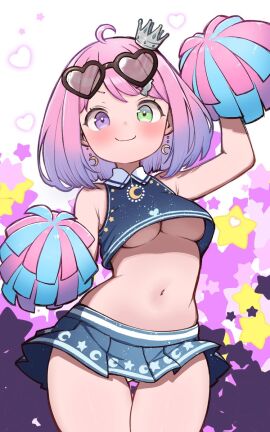 1girls >:) adapted_costume ahoge arm_up ass_visible_through_thighs bare_shoulders black-framed_eyewear blue_skirt blush breasts candy_hair_ornament cheerleader closed_mouth commentary_request cowboy_shot crescent crescent_earrings crescent_print crop_top crop_top_overhang crown dot_nose earrings eyewear_on_head female food-themed_hair_ornament glasses gradient_hair green_eyes hair_ornament heart heart-shaped_eyewear heart_glasses heterochromia highres himemori_luna himemori_luna_(sundress) holoforce hololive hololive_japan jewelry kani_bonara legs_together light-skinned_female light_skin looking_at_viewer medium_breasts microskirt midriff mini_crown miniskirt multicolored_hair navel panties panty_peek pink_hair pleated_skirt pom_pom_(cheerleading) purple_eyes purple_hair short_hair skirt smile smirk solo standing star_(symbol) star_print stomach swept_bangs thigh_gap two-tone_hair underboob underwear upshirt v-shaped_eyebrows virtual_youtuber white_background white_panties wide_hips