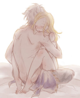 1boy arms_around_back barefoot blonde_hair blush chizu_(fiute) closed_eyes commentary_request couple cowgirl_position female fringe_trim grey_pants hands_on_another's_shoulders indian_style leg_lock long_hair male octopath_traveler octopath_traveler_i on_bed ophilia_clement pants partially_undressed sex short_hair sitting straddling straight sweatdrop therion_(octopath_traveler) topless_male white_background white_hair