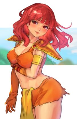 1girls alternate_costume arm_under_breasts bangs bare_midriff bare_thighs breasts celica_(fire_emblem) cleavage female female_only fire_emblem fire_emblem_echoes:_shadows_of_valentia fire_emblem_gaiden large_breasts long_hair looking_at_viewer medium_breasts midriff nintendo official_alternate_costume r123 red_eyes red_hair shorts smile solo thighs