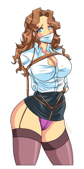 1girls arms_tied_behind_back bethanyhunter black_skirt blue_eyes bondage breasts brown_hair button_down_shirt crotch_rope female gag gagged garter_straps large_breasts long_hair looking_at_viewer office_lady original over_the_mouth_gag panties pencil_skirt purple_panties rope rope_bondage shibari_over_clothes shirt shirt_tucked_in skirt skirt_lift thighhighs white_shirt