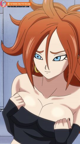 1girls android_21 android_21_(human) animated big_breasts breasts dragon_ball female flashing flashing_breasts foxybulma gif solo solo_female vomi_(dragon_ball)