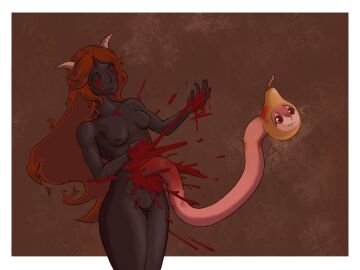 2girls absurd_res birth black_skin bloody_body breasts commission commissioner_upload demon demon_girl demon_horns female female_only fruit guro horns kasane_teto lilith_(the_binding_of_isaac) long_red_hair naked naked_female nipples no_eyes pear pearto red_background red_eyes red_hair small_breasts smile smiling smiling_female stem tainted_lilith_(the_binding_of_isaac) the_binding_of_isaac umbilical_cord utau vocaloid