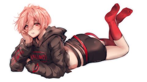 1boy absurd_res ass ass_focus cute_boy feet femboy femboy_ass goth_femboy laying_on_stomach looking_at_viewer male pink_hair red_eyes red_socks socks thighs twink