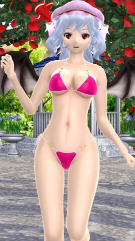 1girls 2023 3d adult_female afternoon bat_wings belly_button bikini breasts clavicle cleavage female garden hati_yukkuri_mmd headwear hips jpeg light-skinned_female light_skin looking_at_viewer magenta_bikini mmd mob_cap one_arm_up open_mouth outdoors pink_bikini red_eyes red_ribbon remilia_scarlet short-haired_female solo_female solo_focus sunset swimsuit touhou trees uncanny_valley vampire waist wings