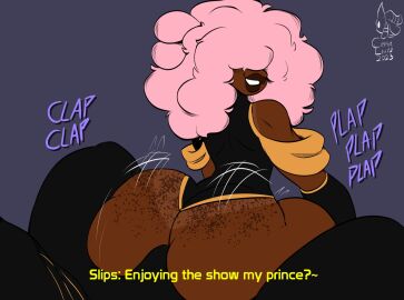 2boys action_lines alien ass bulge creature_lewds dark-skinned_male dark_skin fluffy_hair freckles_on_ass gay male myst_(creature_lewds) onomatopoeia pink_hair sitting_on_bulge sitting_on_lap slips_(pinkhairedslips) tan_lines text thick_ass thick_lips yaoi