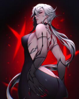 aether_whiskey arlecchino_(genshin_impact) ass bite_mark_on_ass black_dress curvy_female ear_piercing fat_ass female genshin_impact hair_tied hands_on_ass looking_at_viewer looking_back red_eyes red_nails smirking smirking_at_viewer solo_female white_hair