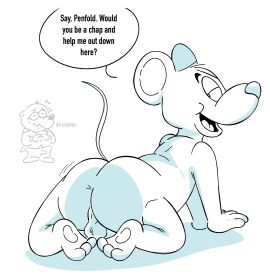 2024 all_fours anthro ass backsack balls ballsack danger_mouse danger_mouse_(series) duo english_text ernest_penfold eyewear genitals glasses hi_res male mammal mouse murid murine rodent simple_background slushiedoggie text