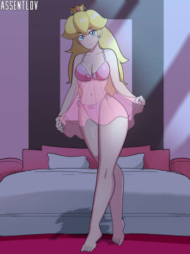 1girls assentlov bed big_breasts blonde_hair blue_eyes bow_panties breasts busty crown earrings female large_breasts lingerie long_hair looking_at_viewer mario_(series) medium_breasts midriff navel negligee nintendo panties pink_lingerie pink_negligee pink_panties princess_peach side-tie_panties smile