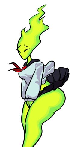 1girls ass curvy elemental_creature elemental_humanoid embarrassed female fire fire_elemental fuku_fire midriff_peek no_panties non-human serafuku skirt skirt_lift skirt_tug solo thick_thighs thighs undertale upskirt wide_hips wind_lift