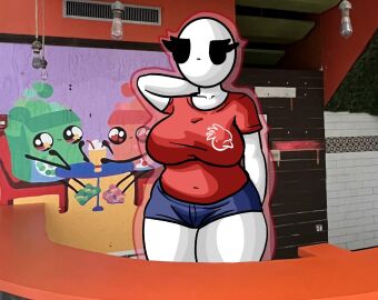 1girls bald bald_female big_breasts black_eyes bored_expression breasts chetoh claire_(chetoh) egg female female_focus female_only hand_behind_head looking_up oc original original_character photo_background red_shirt shirt shorts taking_order thighs white_body