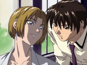 00s 1boy 1girls 2001 age_difference animated bible_black bible_black_night_of_the_walpulgiss blonde_hair blue_eyes bowtie cross_earrings earrings female green_eyes kitami_reika lab_coat large_breasts licking licking_cheek lipstick makeup minase_taki older_female_and_younger_male shirt short_hair tagme tongue tongue_out white_shirt witch