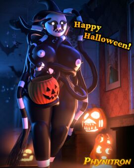 3d 3d_(artwork) aged_up areolae ass black_body breasts breasts_bigger_than_head breasts_out dark_skin female female_only five_nights_at_freddy's five_nights_at_freddy's_4 fnaf fnaf_4 halloween halloween_2025 halloween_costume halloween_decoration halloween_pumpkin halloween_theme happy_halloween huge_ass huge_breasts large_breasts larger_female looking_at_viewer marionette_(fnaf) night nightmarionne nipples nude nude_female phynitron pumpkin puppet_(fnaf) scottgames sharp_teeth solo source_filmmaker_(artwork) standing tentacle text white_eyes witch_hat