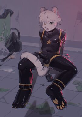 alley annoyed anthro black_latex bodily_fluids buttplug clothing collar condom_suit cuff_(restraint) cum cum_from_ass cum_in_ass cum_inside felid genital_fluids hair heterochromia hi_res kemono latex latex_clothing latex_skinsuit lucky456852 male mammal money on_ground open_mouth pantherine pawpads plug_(sex_toy) restraints sex_toy sitting skinsuit solo tiger tight_clothing trash_can white_body white_hair