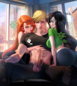 1boy 2girls ass big_ass big_breasts big_penis black_hair breasts curvaceous curvy curvy_figure dialogue disney english_text erect_penis erection female ginger_hair green_eyes human kim_possible kimberly_ann_possible long_hair male multiple_females multiple_girls penis ron_stoppable sakimichan shego text