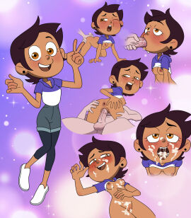 1girls accurate_art_style after_fellatio anus areolae ass balls blush breasts brown_eyes brown_hair cum cum_in_mouth cum_in_pussy cum_on_body cum_on_breasts cum_on_face cum_on_lower_body cum_string dark-skinned_female dark_skin disney disney_channel erection facial fellatio female hand_on_ass hoodie interracial latina lester_warmgun luz_noceda male medium_breasts nipples open_mouth oral oral_sex peace_sign penis penis_in_mouth piercing pussy sex shirt_up short_hair smile solo_focus straight sweat sweatdrop testicles the_owl_house vaginal_penetration vaginal_sex