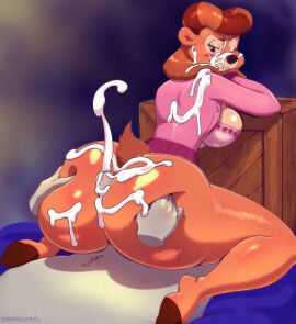 1boy 1girls anthro ass assjob big_ass bottomless_female brown_hair buttjob covered_assjob covered_buttjob cum cum_on_ass cum_on_back cum_on_clothes cum_on_face cumshot female furry hands_on_ass hot_dogging male orange-peel rebecca_cunningham tagme talespin thick_ass