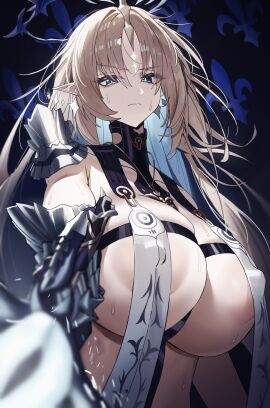 areola_slip areolae blue_eyes breasts breasts_bigger_than_head dotthebot elf_ears female fleurdelys_(wuthering_waves) huge_breasts inner_sideboob large_breasts looking_at_viewer massive_breasts nipple_bulge sideboob solo solo_female tagme wuthering_waves