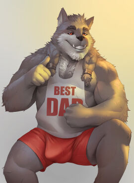 2024 absurd_res anthro arm_tuft beard biceps big_bulge body_hair bottomwear bulge canid canine canis chest_hair clothing detailed_bulge elbow_tuft facial_hair fangs fist gesture grey_hair grinning_at_viewer hair hairy hand_gesture hi_res highpups looking_at_viewer male mammal masculine_male mature_male muscles muscular nipples pecs red_bottomwear red_clothing red_sclera red_shorts shirt shorts shoulder_tuft simple_background sitting solo spread_legs spreading tank_top teeth text thumbs_up tight_bottomwear tight_clothing tight_shorts topwear triceps tuft vein veiny_muscles white_background wolf