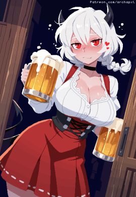 archapxl barmaid barmaid_outfit breasts cleavage demon demon_girl demon_horns demon_tail female helltaker large_breasts malina_(helltaker) oktoberfest pixel_art red_eyes tagme white_hair