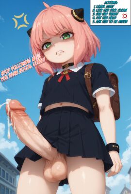 1futa absurd_res absurdres ai_generated anime anya_forger big_balls choker choose_your_own_adventure cum cum_drip dickgirl disgusted ejaculation from_below futadom futadom_caption futanari green_eyes greentime high_resolution highres humiliation humiliation_fetish long_legs long_penis looking_at_viewer nipple_bulge nipples photoshop pink_hair school school_bag school_uniform schoolgirl shirt shirt_lift short_hair skirt skirt_lift small_breasts spy_x_family text tummy