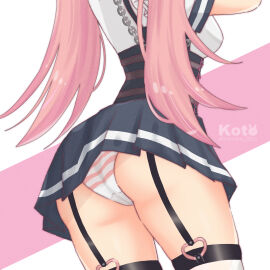 1girls artist_name ass ass_focus back black_skirt breasts chains female from_behind garter_straps goddess_of_victory:_nikke head_out_of_frame hi_res i_(kotombre_0370) large_breasts panties pantyshot pantyshot_(standing) pink_panties police_uniform policewoman quiry_(nikke) simple_background skirt solo solo_female striped_panties thighhighs underwear white_legwear white_shirt