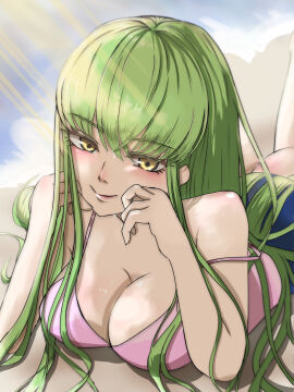 1girls big_breasts blush breasts c.c. cleavage code_geass female green_hair kuromialov laying_down legs_up long_hair smile solo yellow_eyes