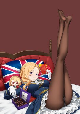 1girls absurdres ascot azur_lane blonde_hair blue_dress blue_eyes book box box_of_chocolates breasts cadbury cadbury_milk_tray character_doll chocolate closed_mouth doll dress feet female food frilled_dress frills full_body fumo_(doll) gloves highres holding holding_book holding_chocolate holding_food hood_(azur_lane) jewelry kneepits leg_focus legs legs_up looking_at_viewer lying medium_breasts no_headwear no_shoes on_back on_bed pantyhose parallelrey pillow prince_of_wales_(azur_lane) product_placement reading ring smile soles solo toes union_jack_print wedding_ring white_ascot white_gloves