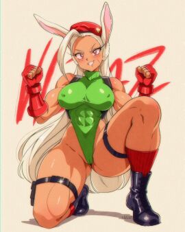 1girls abs animal_ears armwear beret big_breasts blush boots breasts bunny_ears cameltoe cammy_white_(cosplay) capcom cosplay crossover female female_only footwear gauntlets green_leotard hair hat headwear legs leotard long_hair miruko my_hero_academia nipple_bulge pussy red_eyes rumi_usagiyama smile solo solo_female street_fighter thick_thighs thigh_strap thighs vizaz white_hair