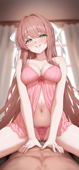 1boy 1girls blush breasts brown_hair cowgirl_position doki_doki_literature_club duo female lingerie long_hair male monika_(doki_doki_literature_club) panties pov pov_sex secon sex_pov smile straddling thighs underwear