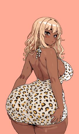 1girls ass ass_focus big_ass big_breasts big_butt blonde_hair breasts brown_eyes dark-skinned_female dark_skin female fishbone-r groping groping_ass gyaru huge_ass huge_breasts huge_butt leopard_print solo tan_skin tanned