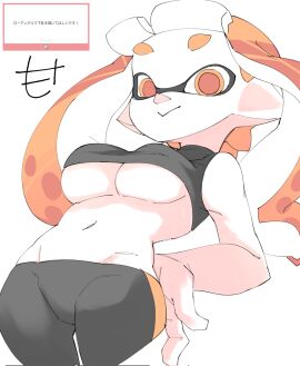 :> bangs bare_shoulders big_breasts breasts elf_ears eyemask female from_below hands_on_ass inkling inkling_girl kaori_(splatoon) light-skinned_female light_skin looking_at_viewer mocamocaink navel orange_eyes orange_hair pelvic_line shorts splatoon sports_bra sportswear tentacle tentacle_hair underboob