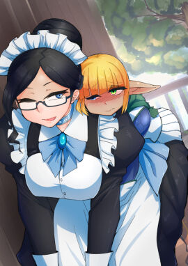 1boy 1femboy 1girls 2d 2d_(artwork) age_difference blue_eyes blush dark-skinned_male dark_elf dark_skin digital_media_(artwork) duo elf female femboy femboy_on_female femboydom from_behind fully_clothed glasses green_eyes hairbun hidden highres horny hug_from_behind light-skinned_female light_novel light_skin maid maid_uniform male male_dominating_female male_domination mammal_humanoid mare_bello_fiore master_and_servant mature_female milf monster_boy outdoors overlord_(maruyama) pointy_ears sexually_suggestive short_hair size_difference skirt smaller_femboy smile straight trap voluptuous voluptuous_female yellow_hair young yuri_alpha zei-minarai