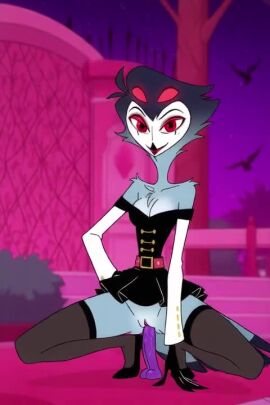 1girls ai_generated bare_shoulders belt blunt_bangs breasts bush cleavage collarbone detached_sleeves dildo dildo_riding dress female full_body huge_dildo imminent_penetration lipstick long_sleeves looking_at_viewer makeup medium_breasts night no_panties off-shoulder_dress outdoors pleated_dress pussy sex_toy shoes smile solo spread_legs stolas_(helluva_boss) strapless strapless_dress tagme thighhighs video