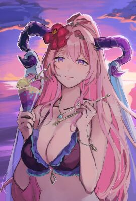 1girls accessory alternate_costume bare_arms bare_midriff bikini black_bikini black_swimsuit breasts cleavage closed_mouth female female_only fire_emblem fire_emblem_heroes flower food goat_horns hair_between_eyes hair_flower hair_ornament highres holding holding_spoon horns ice_cream jewelry large_breasts long_hair looking_at_viewer midriff necklace nerthuz_(fire_emblem) nintendo official_alternate_costume outdoors pana_(87) pink_eyes pink_hair ponytail purple_eyes purple_hair smile solo spoon sunset swimsuit unfinished upper_body very_long_hair yellow_eyes
