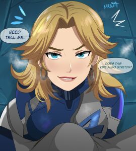 1boy 1girls 2d artist_name blonde_hair blue_eyes breasts bulge clothed clothed_female earrings english_text erection_under_clothes fantastic_four female hoop_earrings invisible_woman invisible_woman_(marvel_rivals) karbuitt large_breasts lipstick looking_at_viewer male marvel marvel_comics marvel_rivals mr_fantastic mr_fantastic_(marvel_rivals) reed_richards spread_legs sue_storm text text_bubble