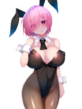 1girls areola_bulge breasts bunny_ears bunny_girl bunnysuit cleavage eyeshadow fate/grand_order fate_(series) female female_focus fishnets large_breasts mash_kyrielight navel_visible_through_clothes nipple_bulge okuri_banto pink_eyes pink_hair playboy_bunny short_hair simple_background smile solo solo_focus thighs