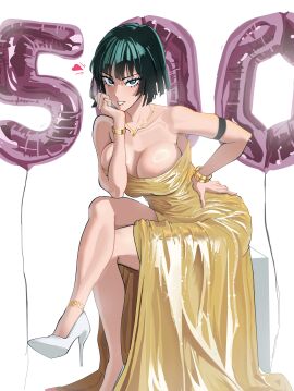 1girls argentumhominem balloons bare_shoulders big_breasts breasts busty cleavage dress female follower_celebration fubuki_(one-punch_man) gold_dress green_eyes green_hair hand_on_hip hand_under_chin high_heels legs light-skinned_female light_skin one-punch_man sitting