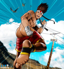 1boy ass ass_focus birds brown_hair bubble_ass bubble_butt daemoncollection fatal_fury feet human joe_higashi king_of_fighters looking_back male male_feet male_only mooning muscular muscular_male outside snk solo taunting yaoi