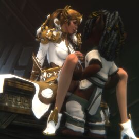 1boy 1girls 3d asura blender blonde_hair blue_eyes clothed clothed_sex female guild_wars guild_wars_2 headpiece human human_female human_penetrated ingame_model interspecies looking_at_partner male male_standing mantle notablyfishy panties_aside penis penis_in_pussy player_character pussy revealing_clothes sex shorter_male sitting sitting_on_table size_difference small_dom_big_sub taller_female thighs twintails vaginal_penetration vaginal_sex