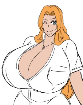 1girls 2d 2d_(artwork) 2d_artwork alternate_body_type alternate_breast_size beauty_mark beauty_mark_under_mouth big_breasts bleach blue-eyed_female blue_eyes breasts breasts_bigger_than_head busty busty_female chain chain_necklace curvy curvy_body curvy_female curvy_figure digital_drawing_(artwork) digital_media_(artwork) female female_focus female_only huge_breasts large_breasts light-skinned_female light_skin matsumoto_rangiku mature mature_woman mole mole_under_mouth momiji_(artist) necklace orange-haired_female orange_hair school_uniform schoolgirl schoolgirl_uniform simple_background solo solo_female solo_focus upper_body white_background wink winking winking_at_viewer woman_solo