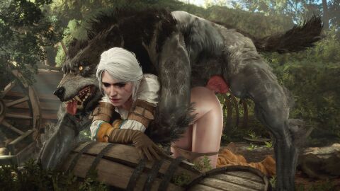 3d animal_penis anthro athazel canid canine canine_on_human canine_penis canis cd_projekt_red ciri closed_eyes doggy_style female freckles gloves half-dressed half_naked knot light-skinned_female light_skin male mascara monster outdoors panties_down penetration penis pussy scar sex the_witcher_(series) the_witcher_3:_wild_hunt vaginal_penetration werewolf white_hair wolf zoophilia