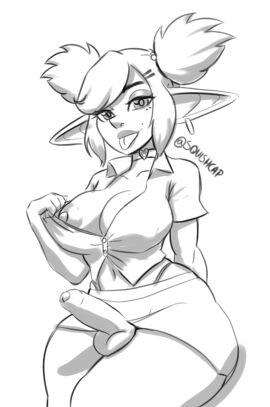 ass big_breasts breasts character_request choker earring flashing_breasts foreskin futanari goblin goblin_futa huge_ass intersex mole_under_eye nipples original original_character penis shortstack skirt squishcap_(artist) teasing thick_thighs thin_waist thong_straps tongue tongue_out uncircumcised wide_hips