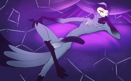 bird bottom_heavy constellation corrsk flaccid flaccid_penis helluva_boss horny huge_cock inviting_to_sex large_penis laying laying_on_bed legs_crossed male male_only nude nude_male penis sexually_suggestive smug solo solo_male stolas_(helluva_boss) vivziepop