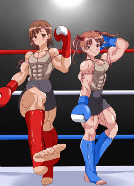 2girls alternate_muscle_size asymmetrical_bangs asymmetrical_hair bangs bare_shoulders barefoot biceps big_muscles blue_boxing_gloves blue_footwear blue_legwear blush bow boxing_gloves boxing_ring breasts brown_eyes brown_hair closed_mouth collarbone commentary covered_abs covered_navel covered_nipples feet female female_only footwear full_body glow_(g10w) grey_background grey_shorts grey_tank_top hairbow hand_up headband height_difference human human_only kickboxing kickboxing_socks legwear long_hair looking_at_viewer medium_bangs medium_hair misaka_mikoto multiple_females multiple_girls muscles muscular muscular_arms muscular_female muscular_legs muscular_thighs nipples_visible_through_clothing pink_headband pink_ribbon red_bow red_boxing_gloves red_footwear red_legwear ribbon ribbons shiny_skin shirai_kuroko short_shorts skin_tight small_breasts smile standing standing_on_one_leg tank_top teenage_female teenager to_aru_kagaku_no_railgun to_aru_majutsu_no_index toes twintails v-shaped_eyebrows