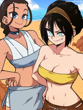 2girls avatar_legends avatar_the_last_airbender beach black_hair breasts dashi_art earthbender female female_only human katara multiple_females multiple_girls nickelodeon nicktoons toph_bei_fong waterbender
