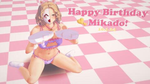 1boy 3d birthday blush cat_ears cat_lingerie checkered_floor clothed collar crossdressing danganronpa danganronpa_another dishie_dark english_text fanganronpa half_mask koikatsu light-skinned_male light_skin male male_focus male_only no_penetration no_sex sannoji_mikado sdra2 self_upload socks solo solo_focus super_danganronpa_another_2 text