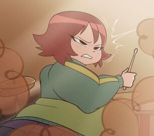 april_fools ass belly belly_bulge big_ass big_butt brown_fart brown_fart_cloud drum_set drumsticks fart fart_cloud fart_fetish farting female freckles jacket kim_pine made_to_look_cropped overweight overweight_female red_hair scott_pilgrim sernsenart short_hair skirt surprised