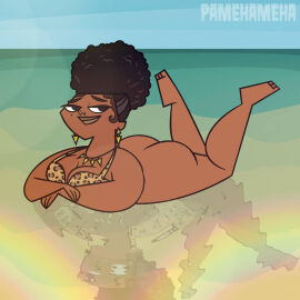1girls afro afro_puff artist_request ass big_ass big_penis bikini_top bottomless brown_hair dark-skinned_female dark_skin female female_only laying_down laying_on_stomach legs leopard_print leopard_print_bikini leshawna_(tdi) looking_at_viewer male on_stomach penis pose posing reflection reflective_water solo tagme thick_legs thick_thighs total_drama_island voluptuous voluptuous_female