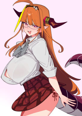 1girls ahoge breasts button_down_shirt cleavage dismassd dragon_girl dragon_tail female female_only glasses gradient_eyes holoforce hololive hololive_japan horns huge_breasts kiryu_coco long_hair looking_at_viewer orange_hair pointy_ears red_eyes school_uniform skirt smile smug solo tail thick_thighs thighs thong_straps unbuttoned_shirt virtual_youtuber