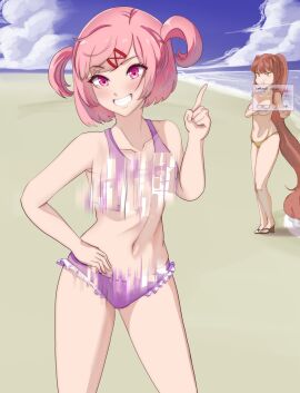 2girls 5_fingers beach bikini bikini_bottom bikini_top breasts carmach101 collarbone covering covering_breasts doki_doki_literature_club female female_only glitch glitch_effect glitching green_eyes human light_blush long_hair monika_(doki_doki_literature_club) multiple_females multiple_girls natsuki_(doki_doki_literature_club) navel pink_eyes pink_hair revenge sand sky smile smiling swimwear topless topless_female very_long_hair water
